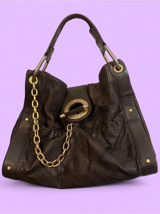 Bally Handbags - Bally Dark Brown Leather Shoulder Bag with Gold Chain Accent
